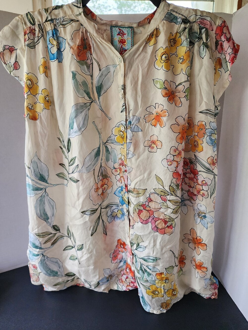 Johnny Was Floral Button Up Tunic Top, 100% Silk, XS, EUC